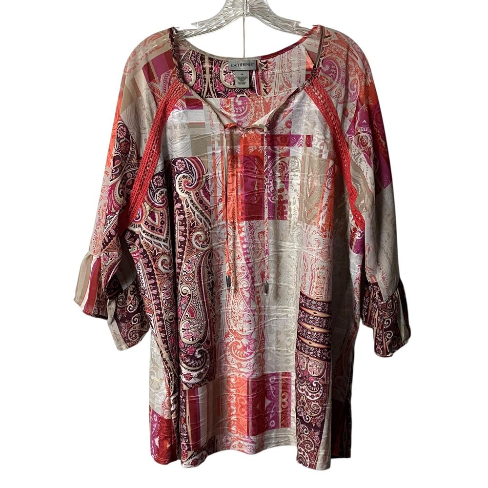 Catherines Bell Sleeve Boho Top 2X Festival Multicolor Paisley Patchwork Print